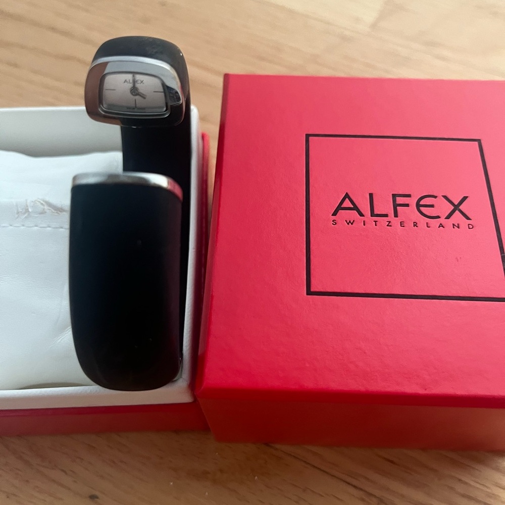 Swiss women’s bangle watch in black by Alfex watchmaker.